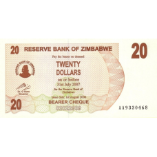 P40 Zimbabwe - 20 Dollars Year 2006/2007 (Bearer Cheque)